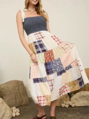 Blu Pepper Denim & Cream Patchwork Smocked Midi Dress